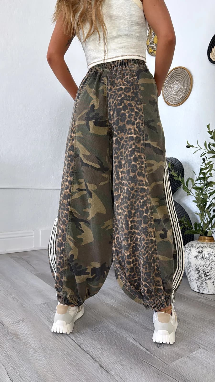 Printed Woven Contrast Band Trim Jogger Pants by POL