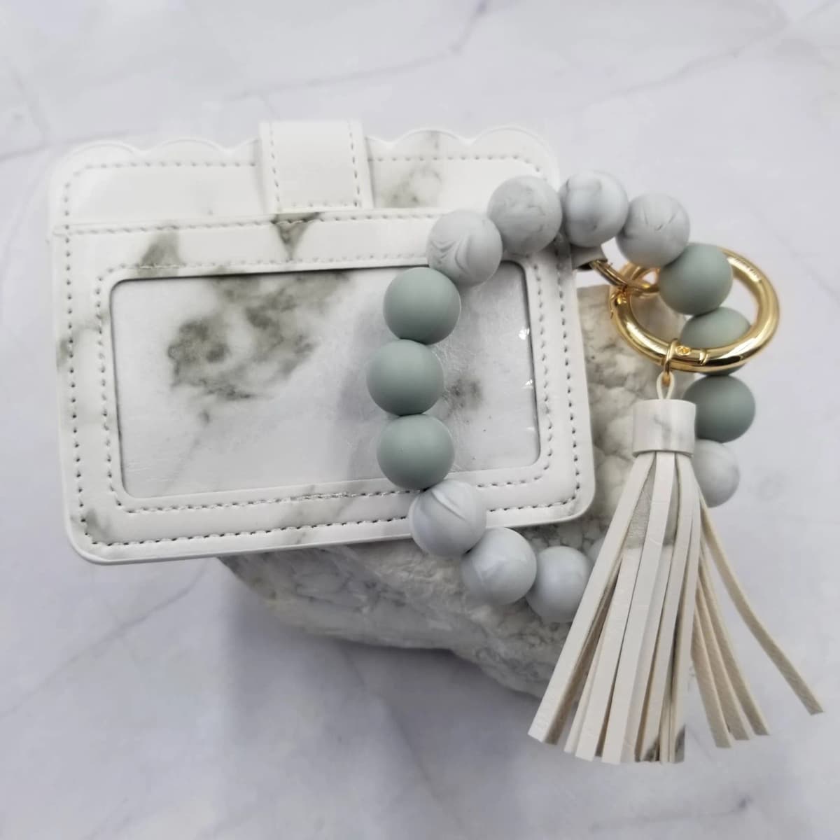 Silicone Bead Bangle Keychain Bracelet Card Holder (Marble)