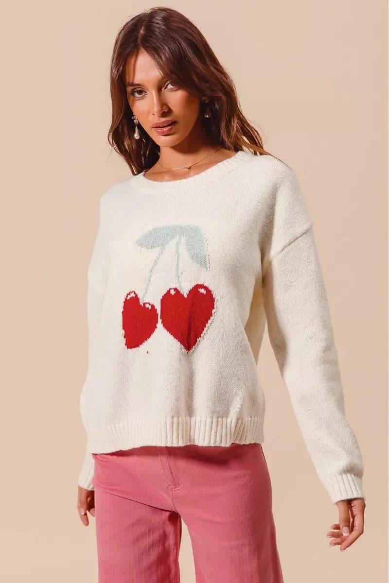 SO ME Heart Cherry Knitted Sweater Top