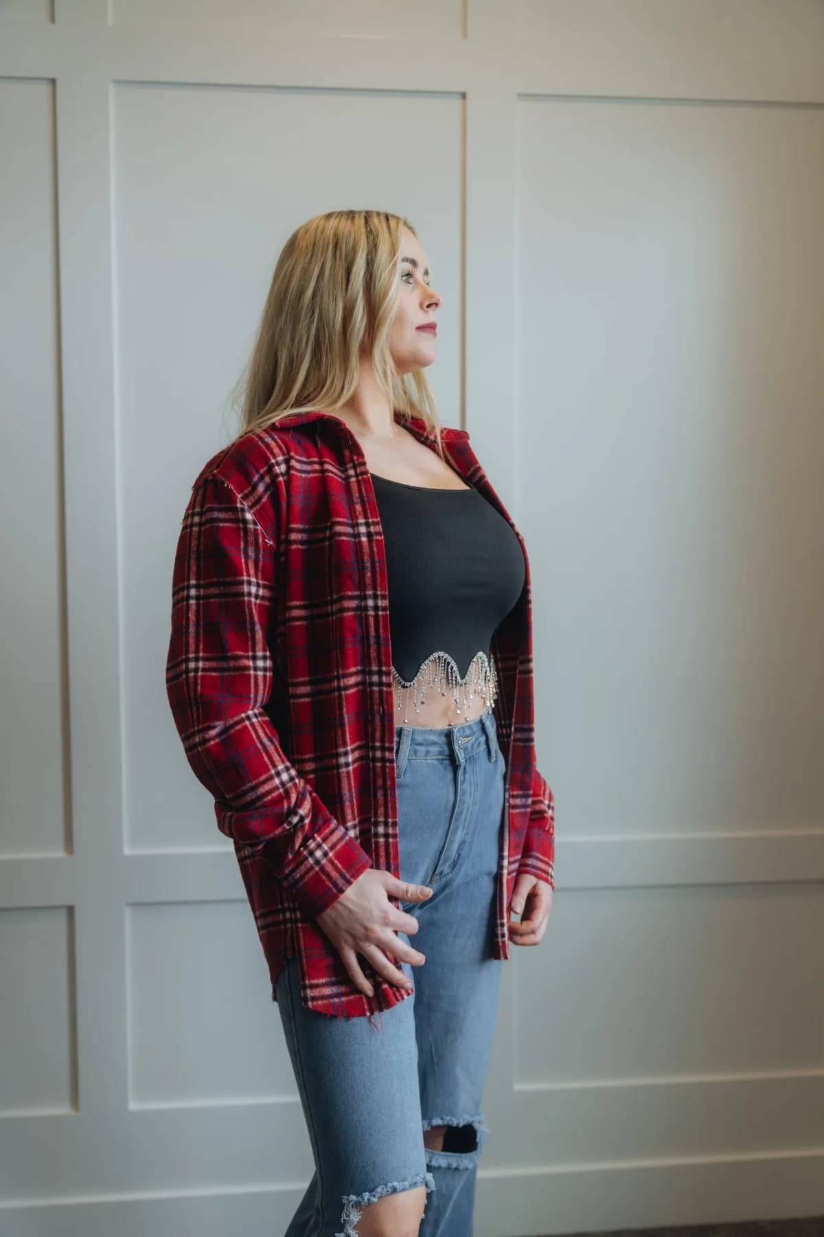 Button Down Fall Winter Plaid Shacket La Miel (Pink)