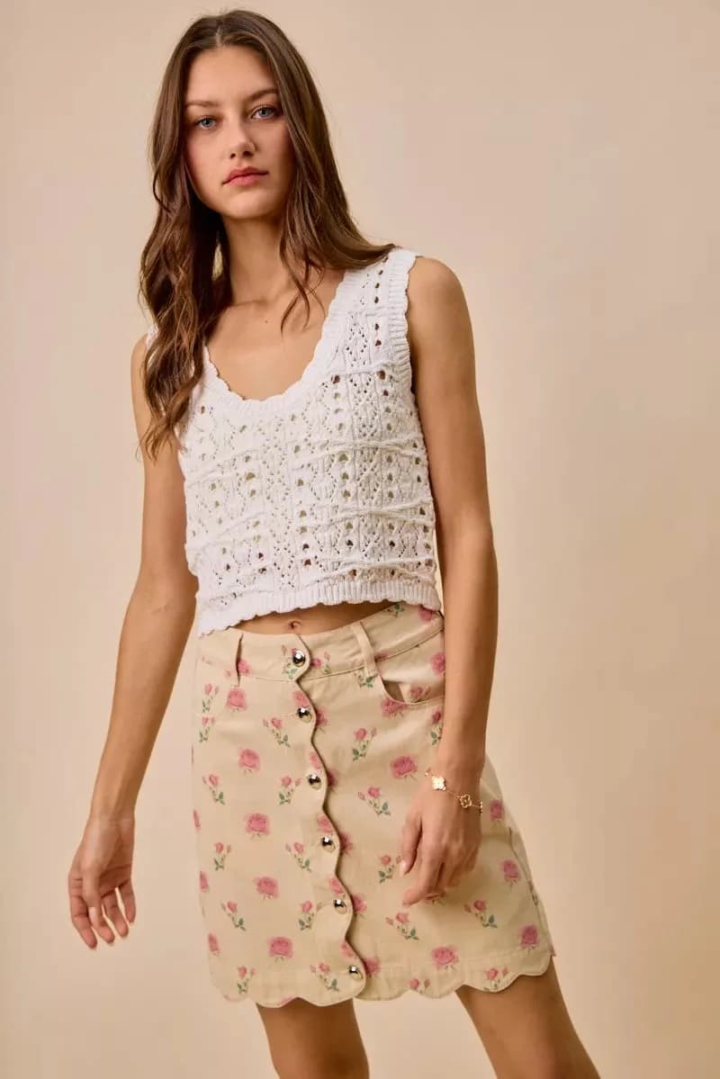 SO ME Floral Rose Print Cotton Twill Scallop Mini Skirt