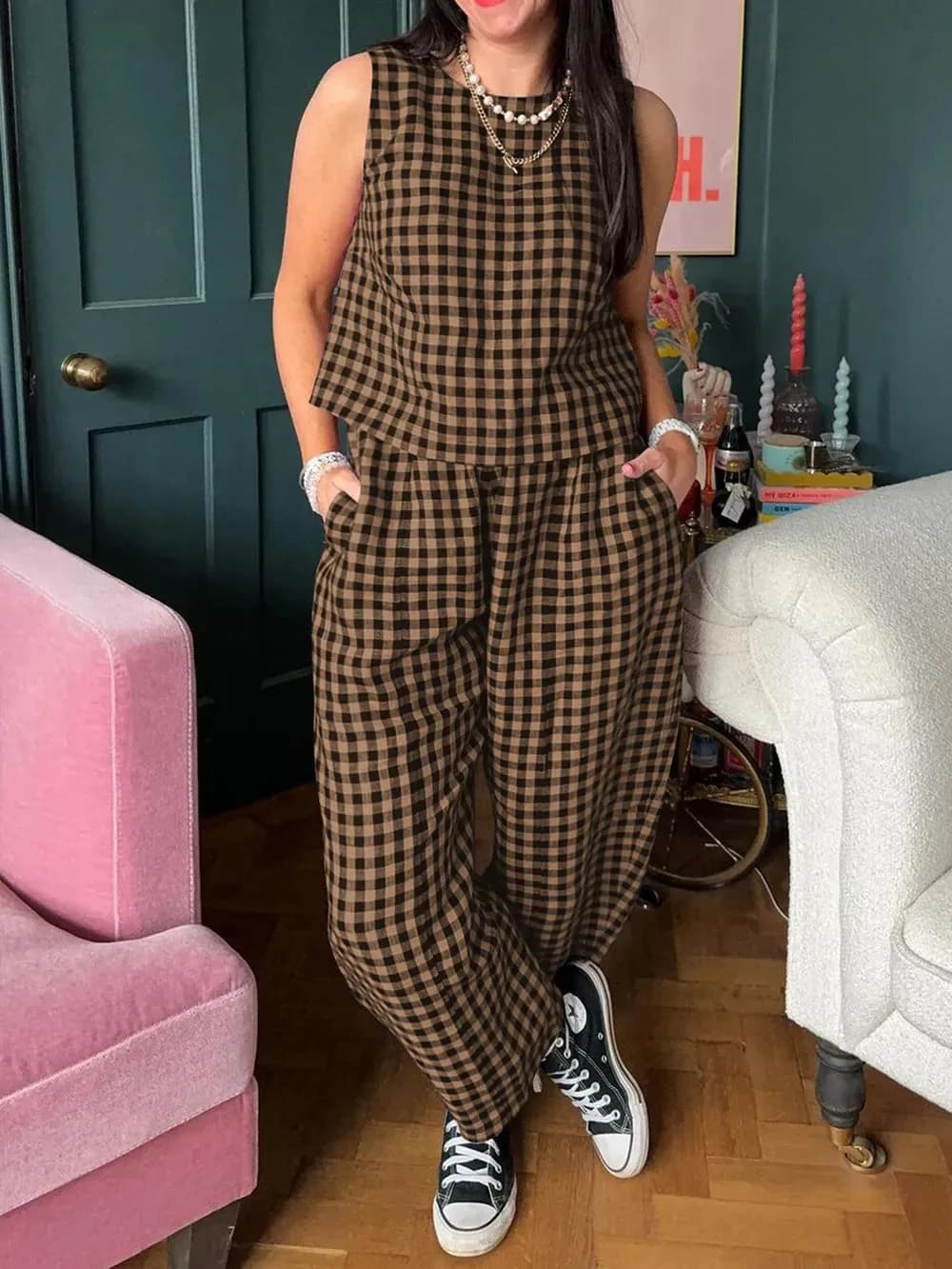 Lovelet Plaid Round Neck Sleeveless Top and Pants Set in Multiple Colors