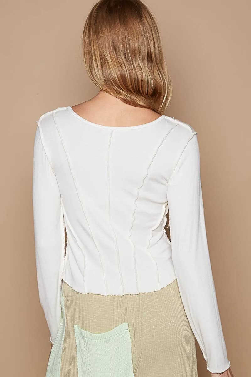 Notched Neck Detailed Long Sleeve Cropped Shirt (Off White)