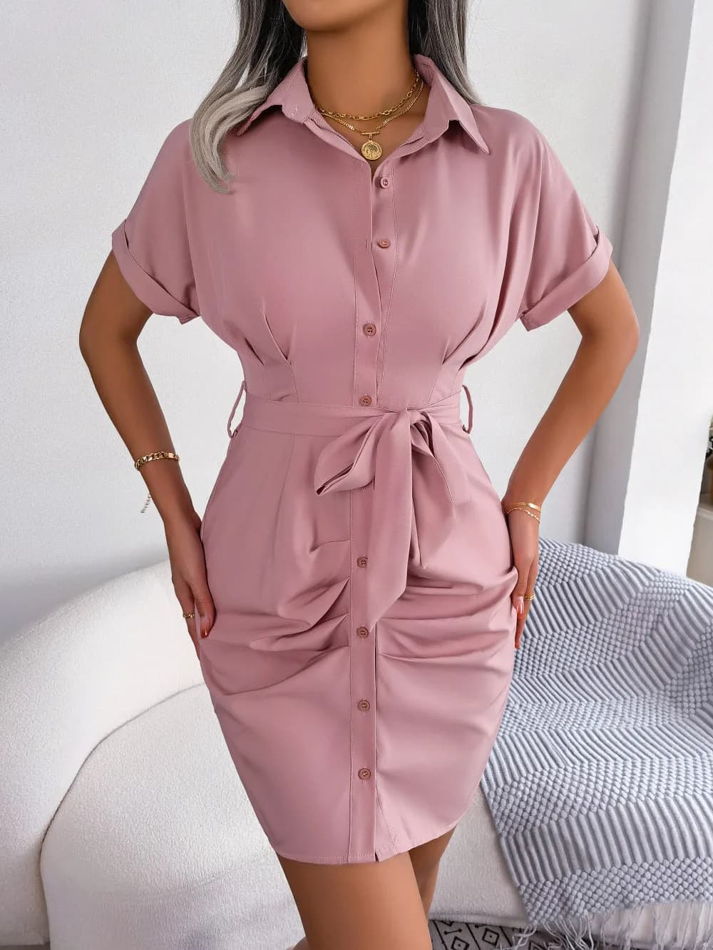 Button Down Ruched Tie Belt Dress In Multiple Colors