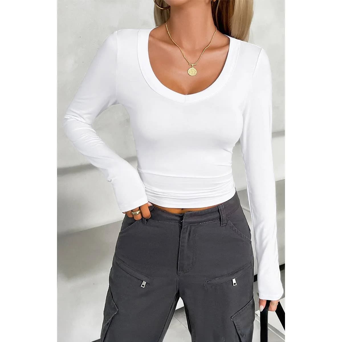 Y2K Crew Neck Solid Long Sleeves Elastic Fit Top