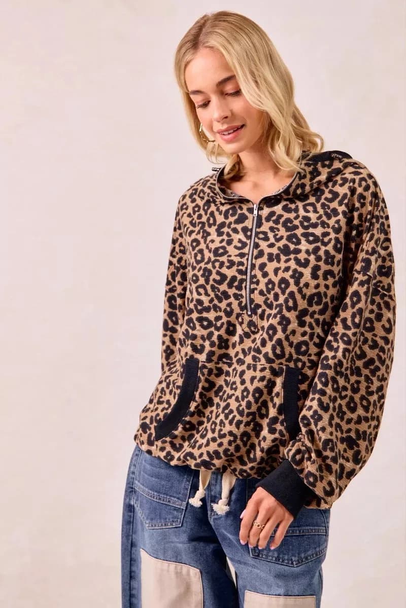BiBi Leopard Print Waffle Half Zip Up Hoodie W Pocket