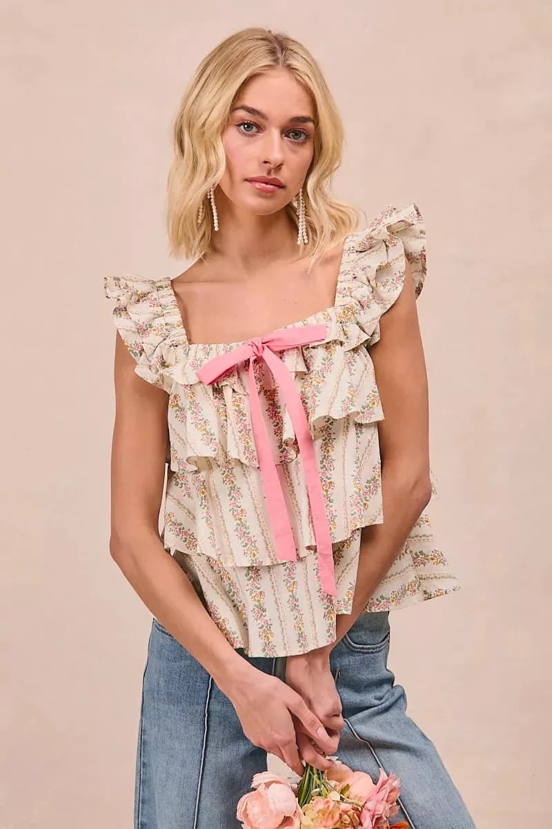 BiBi Floral Printed Woven Front Bow Tied Ruffled Square Neck Sleeveless Top