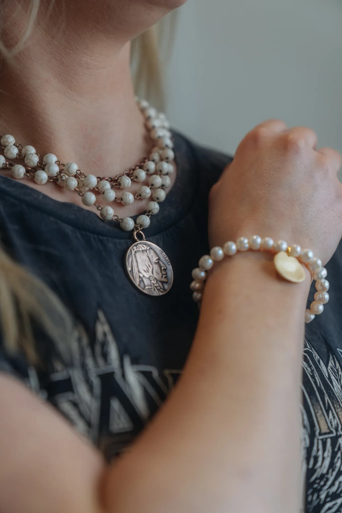 White Turquoise Copper Collar Length Necklace with Coin by Jewelry Junkie