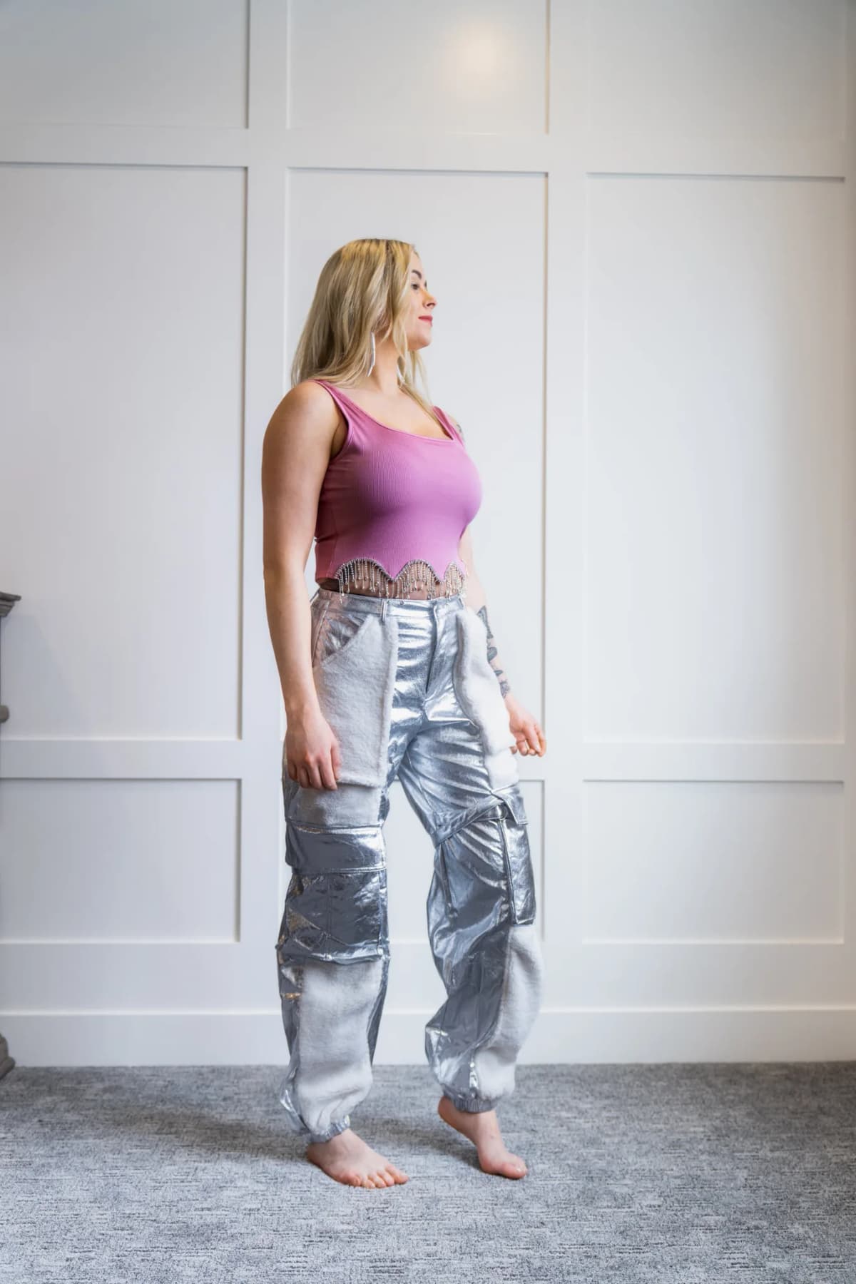 Monica Metallic Faux Leather Sherpa Cargo Pants by Hot and Delicious