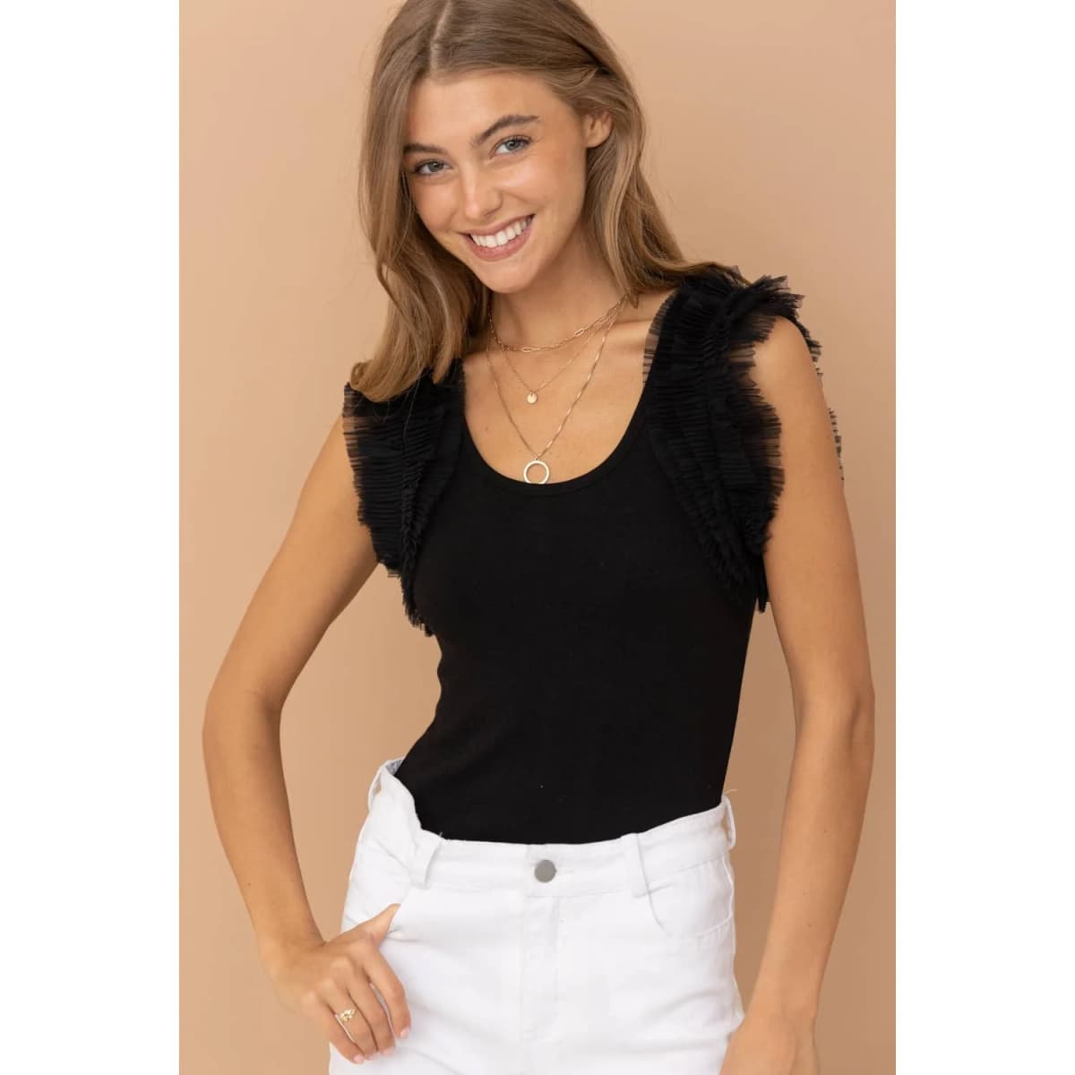 Tulle Ruffle Black Sleeve Bodysuit Apolline (White)