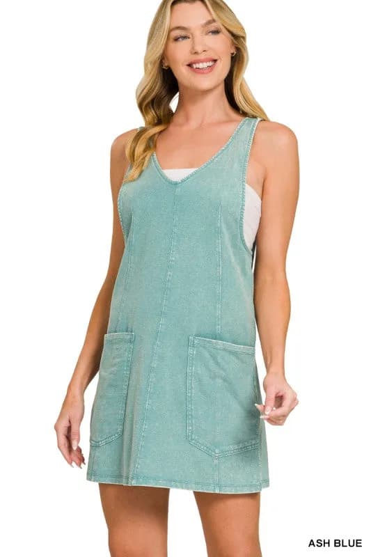Acid Washed Adjustable Strap Overall Knit Mini Dress