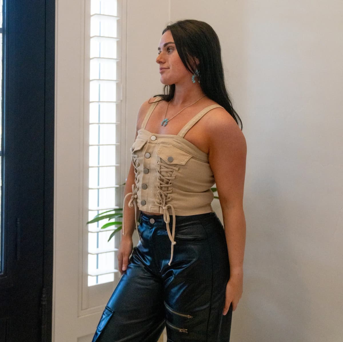 Denim Button Down Lace Up Detail Smocked Back Crop Top