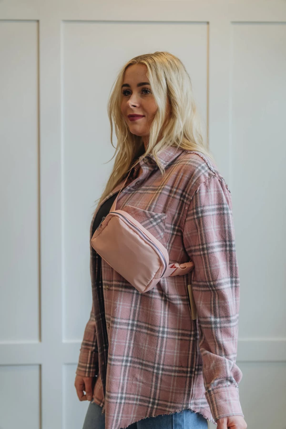 Button Down Fall Winter Plaid Shacket La Miel (Pink)