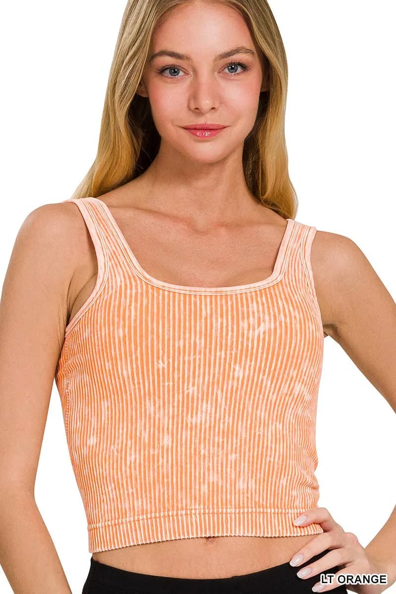 Stone Washed Ribbed Square Neck Tank Crop Top Zenana (Lt Orange)