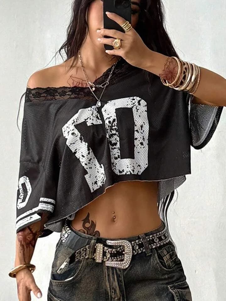 07 Black and White Lace Trim Mesh Crop Top Jersey