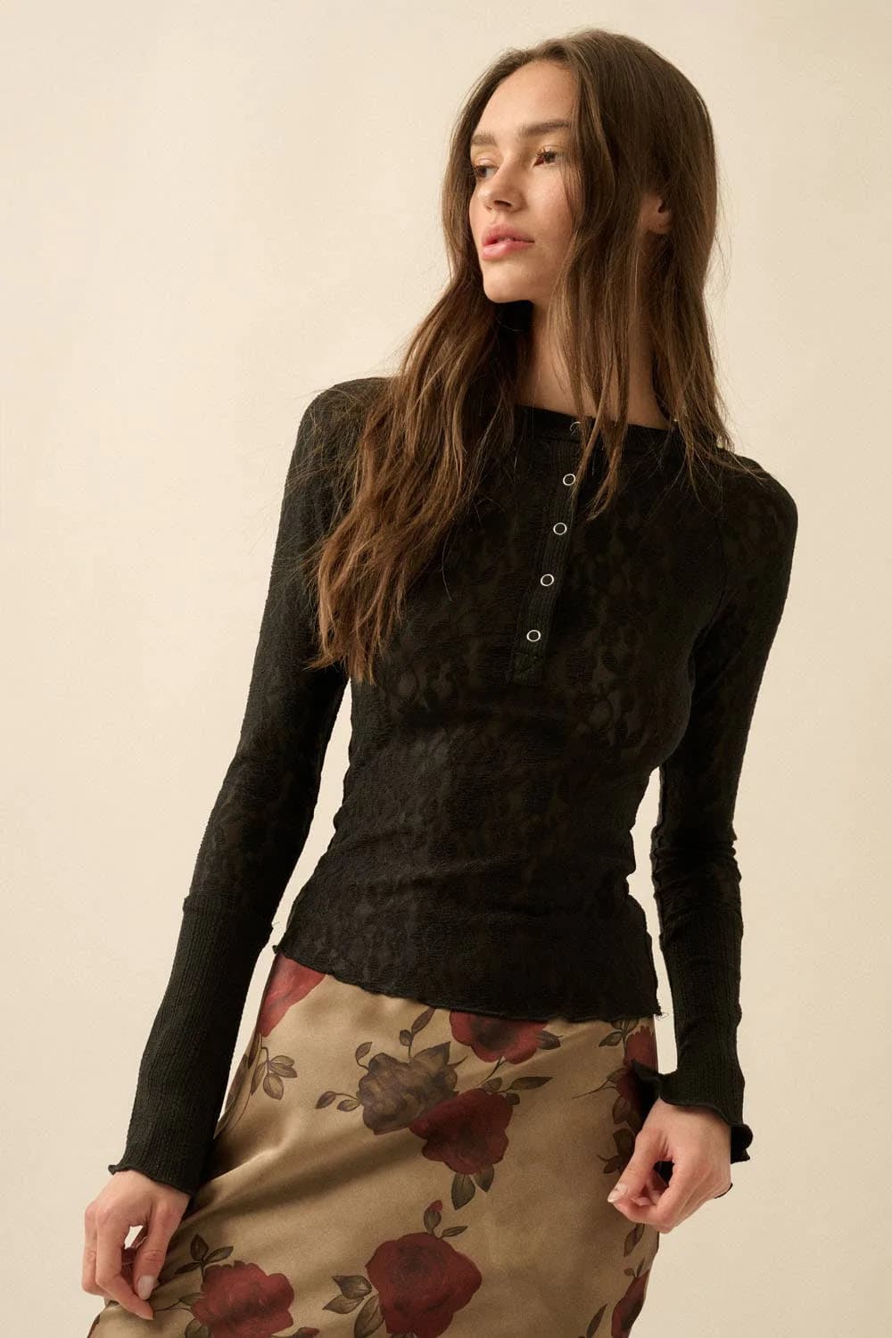 Floral Lace Raglan Sleeve Henley Top by Promesa