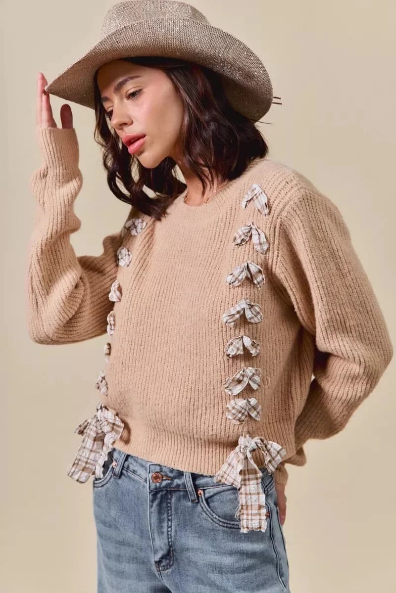 SO ME Checkered Plaid Tape Lace Up Ribbed Sweater