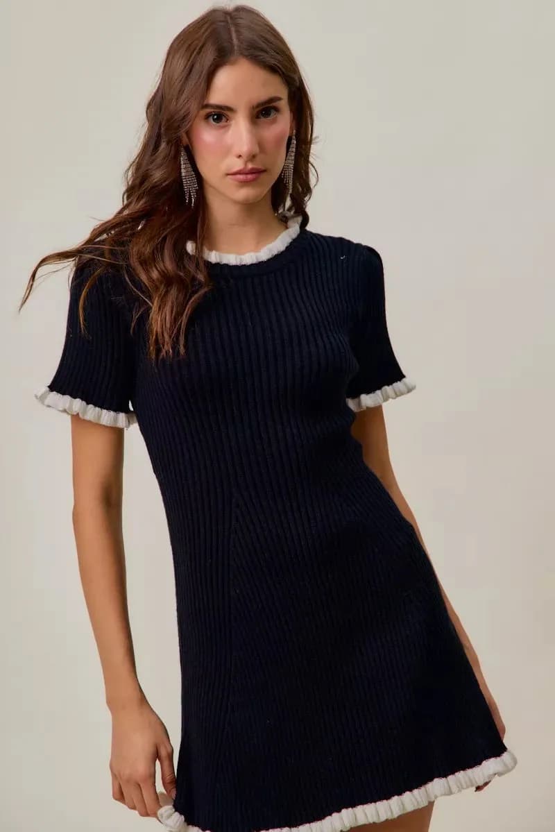 SO ME Contrast Ruffled Sweater Knit Mini Dress
