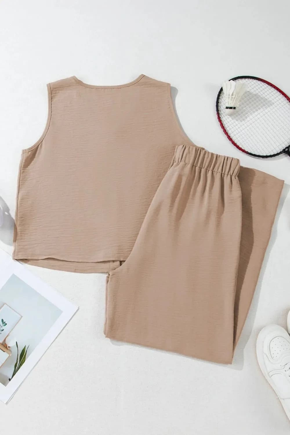 Button Down Vest and Drawstring Wide Leg Pants Set