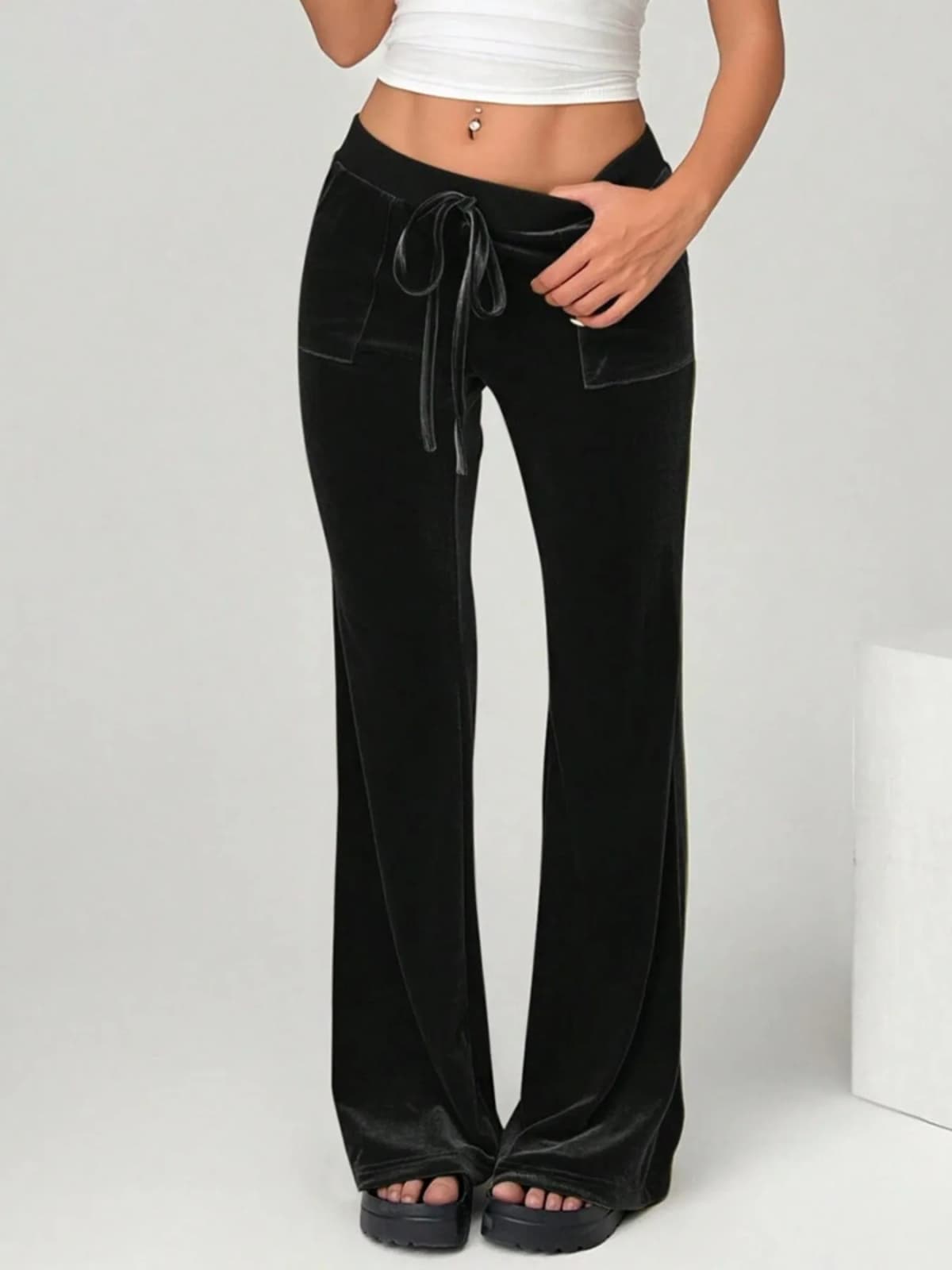 Velvet Flare Pants with Drawstring