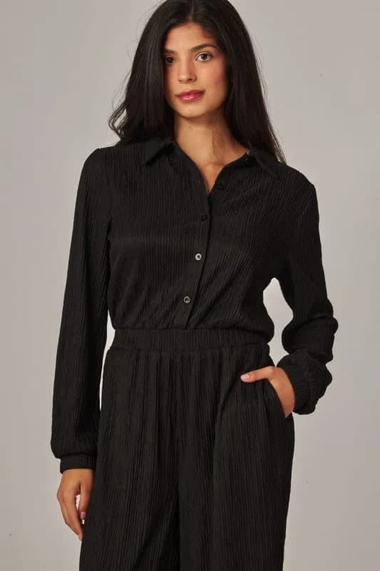 Crinkled Plisse Button Up Casual Jumpsuit