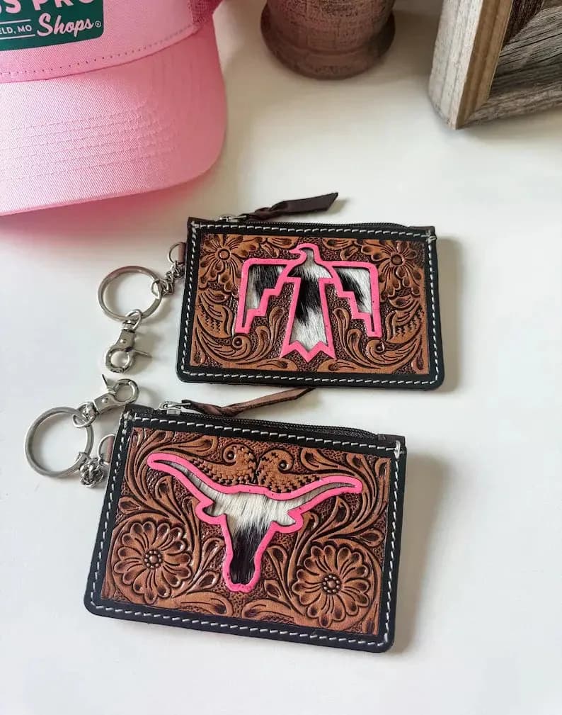 Bow Turquoise Tooled Leather Keychain Wallet