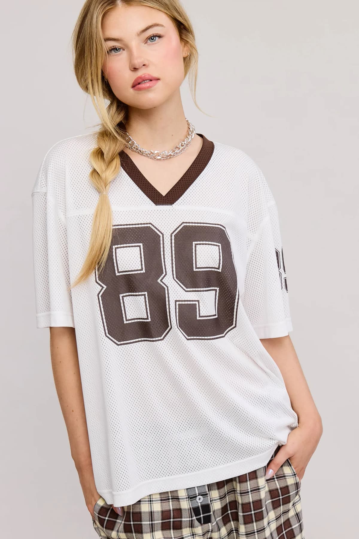 V Neck Sporty Jersey Shirt Top With Printed 89