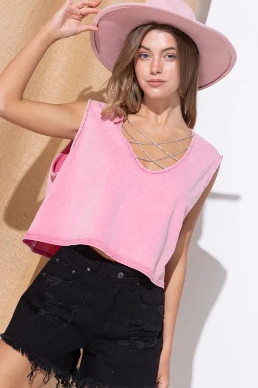Mineral Washed Rhinestone Tank Multiple Colors