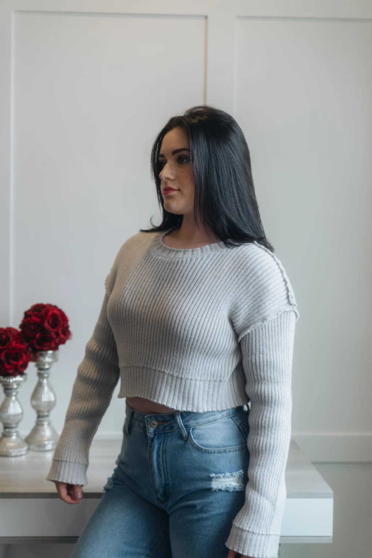 Long Sleeve Crop Top Sweater Gray