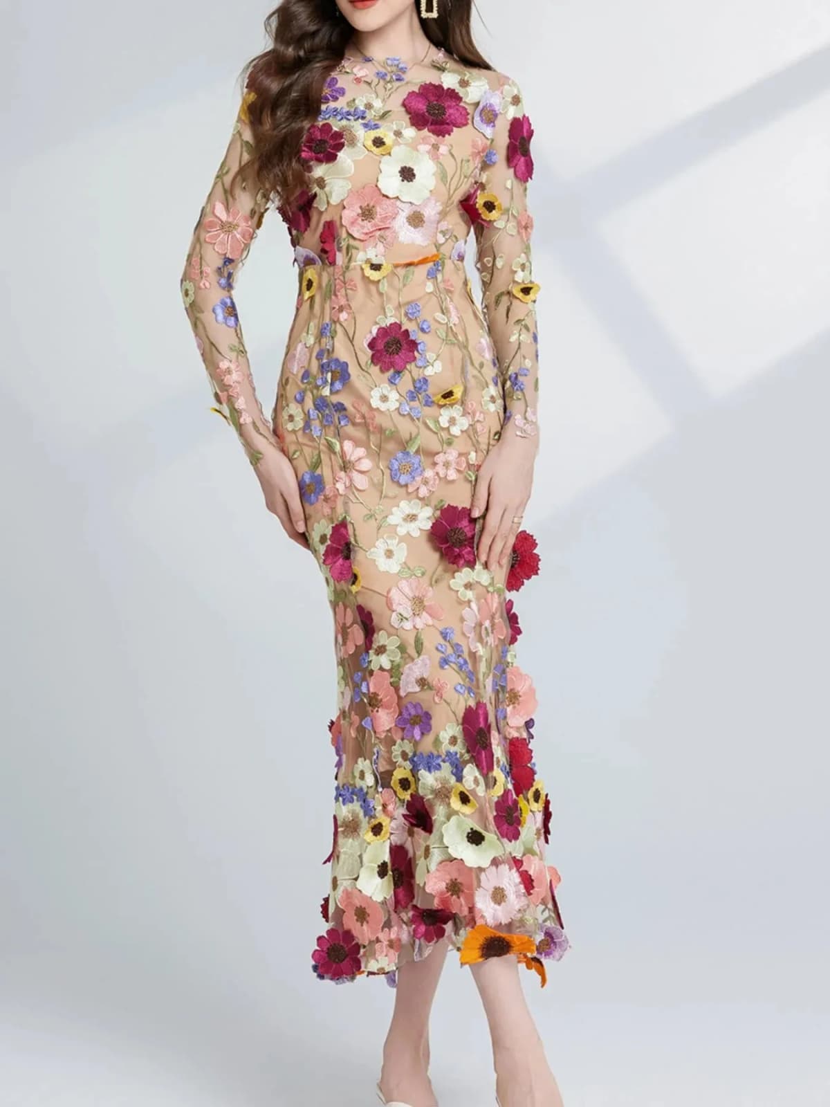Floral Embroidered Mesh Long Sleeve Midi Dress