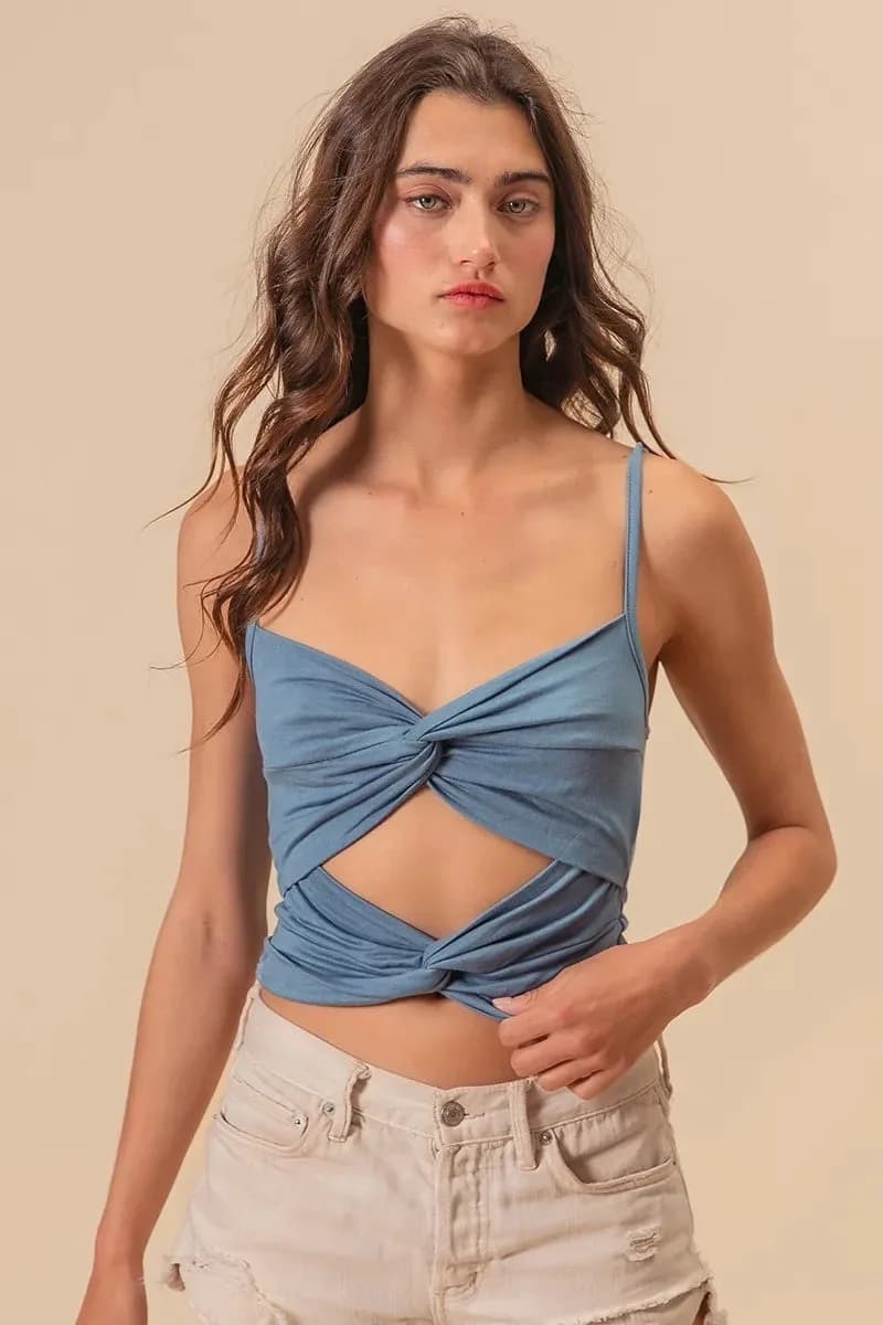 BiBi Rayon Span Jersey Knit Double Twist Front Cami Top