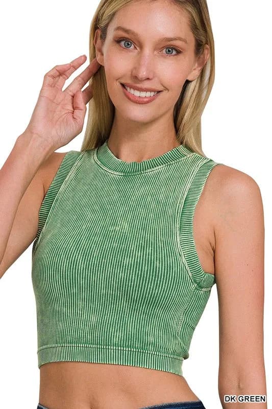 Stone Washed Ribbed Seamless Crop Tank Top Zenana
