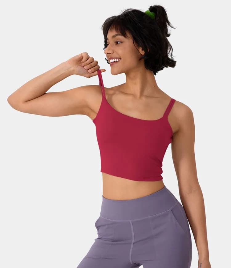 Double Straps Backless Twisted Cropped Yoga Tank Top Halara (Red)