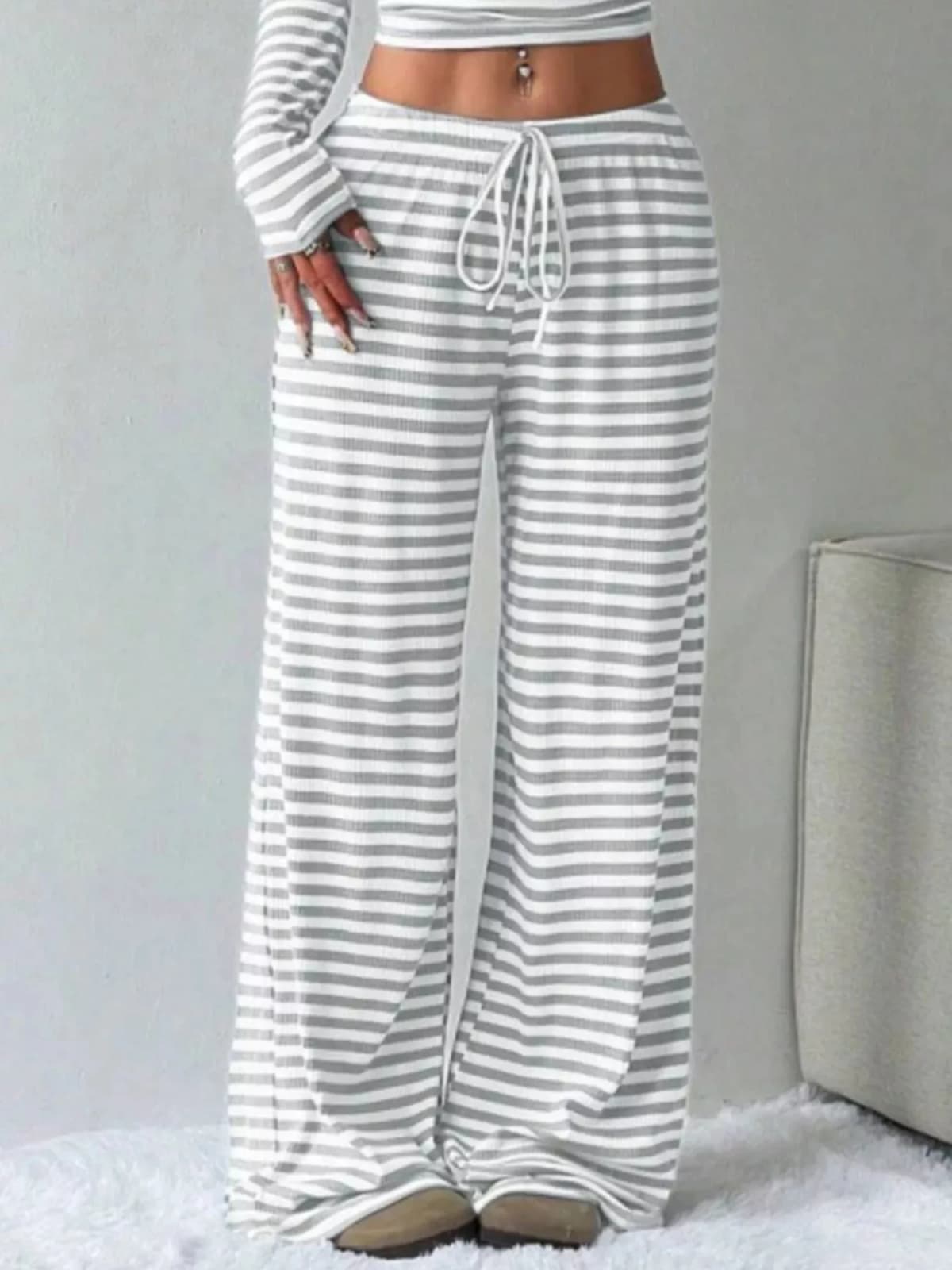Striped Long Sleeve Crop Top and Wide Leg Pants Set