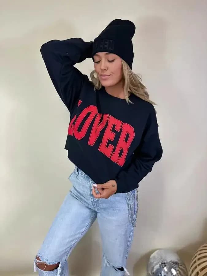 Lover Black Puff Cropped Graphic Crewneck
