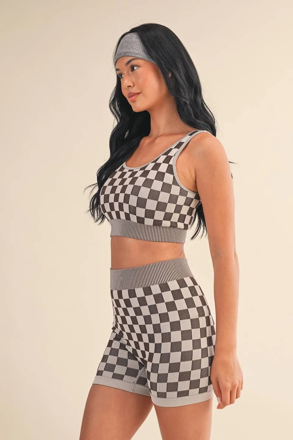Brown Checkmate Checkered Crop Two Piece Set by Kimberly C