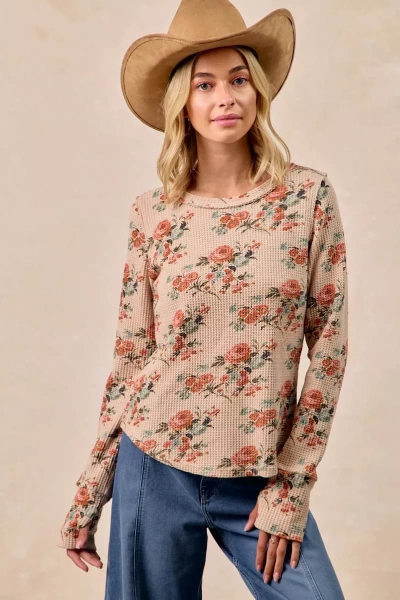 BiBi Floral Print Washed Waffle Thermal Top with Thumb