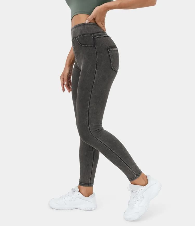 High Waisted Back Pocket Stretchy Knit Denim Casual Leggings by Halara (Grey)
