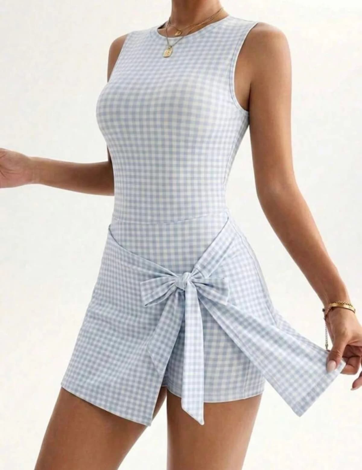 Blue Gingham Wrap Tie Dress