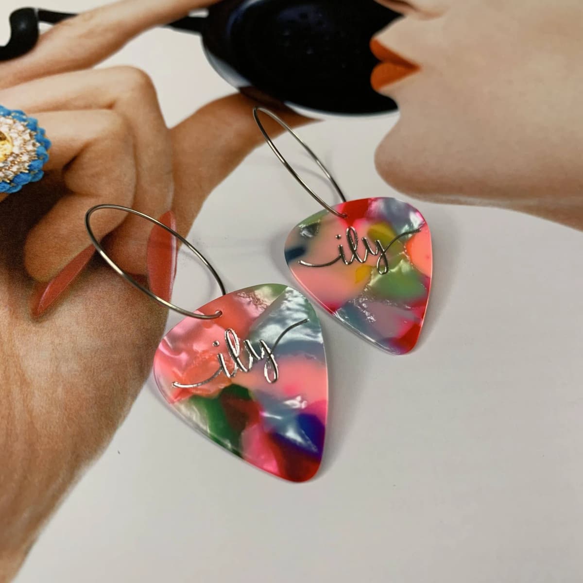 Guitar Pick Groupie Love ILY Cosmic Pearl Hoop Earrings