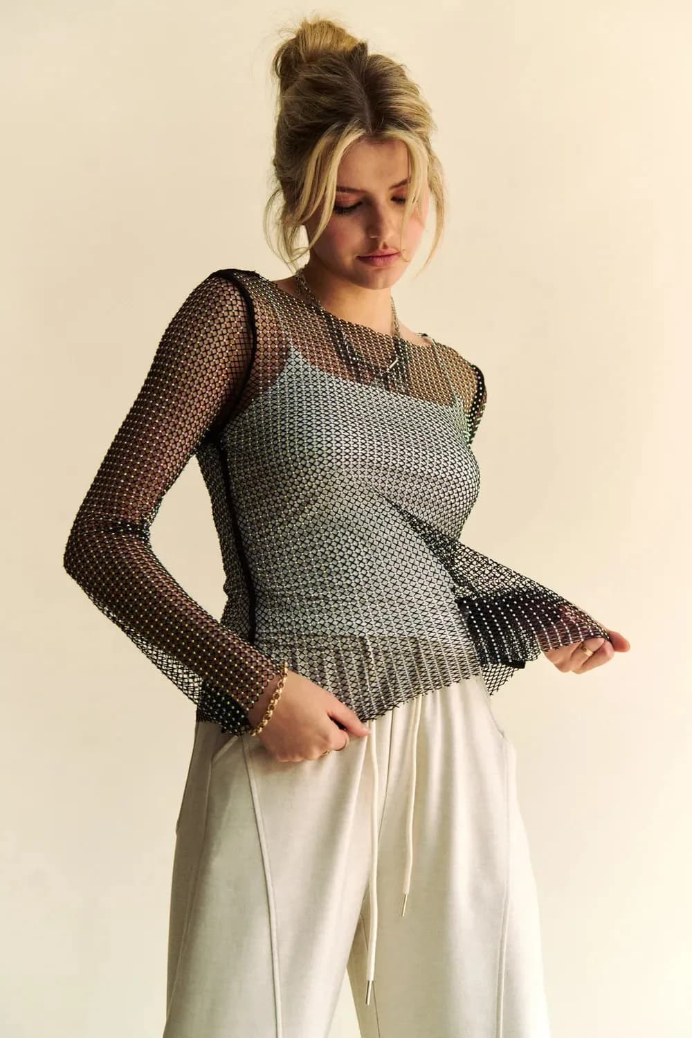 Davi & Dani Sparkling Rhinestone Sheer Mesh Round Neck Top