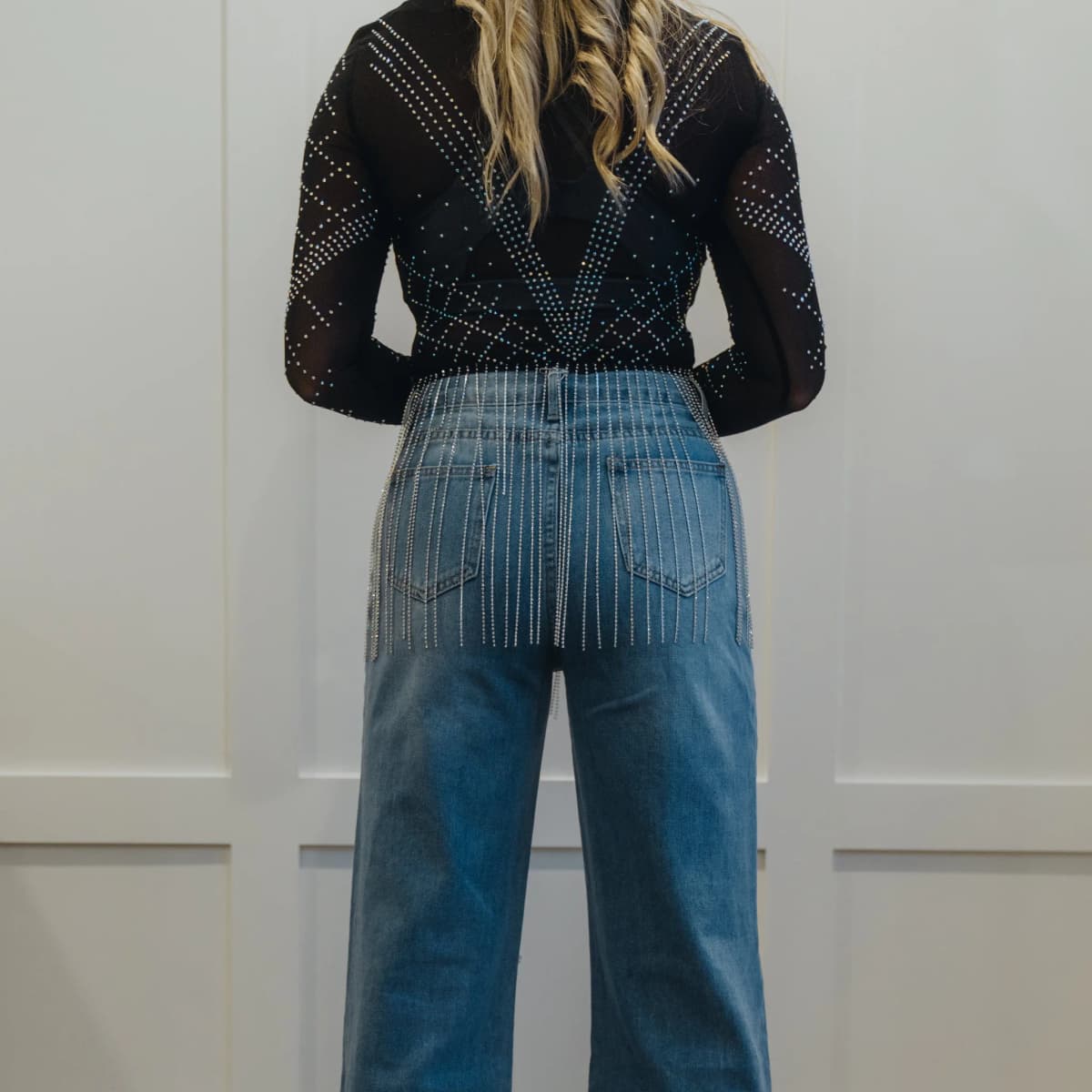 Stretch Mesh Studded Rhinestone Fringe Long Sleeve Top