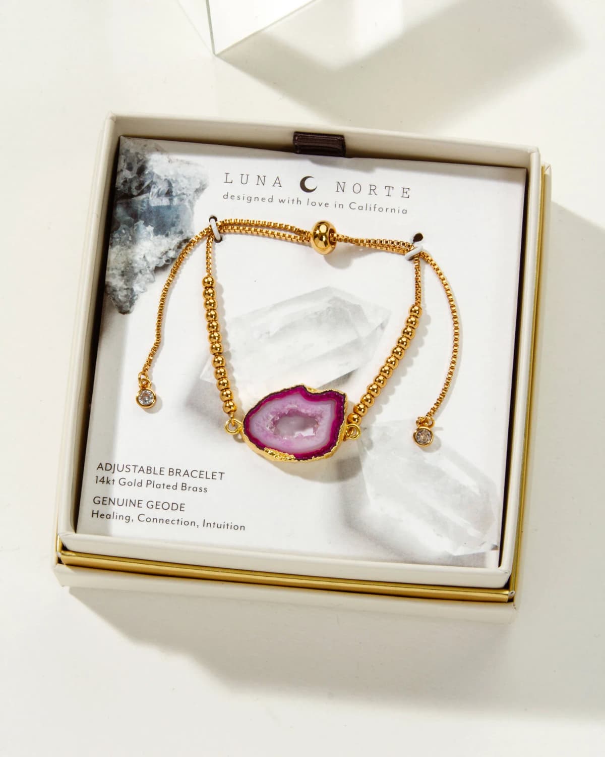 Luna Norte Golden Elements Adjustable Bracelet- Pink Geode