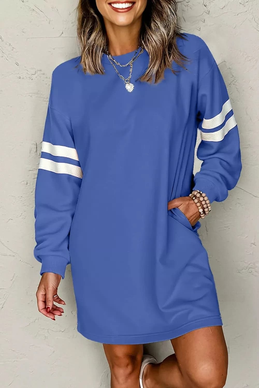 Stripe Long Sleeve Casual Sweatshirt Dress in Multiple Colors