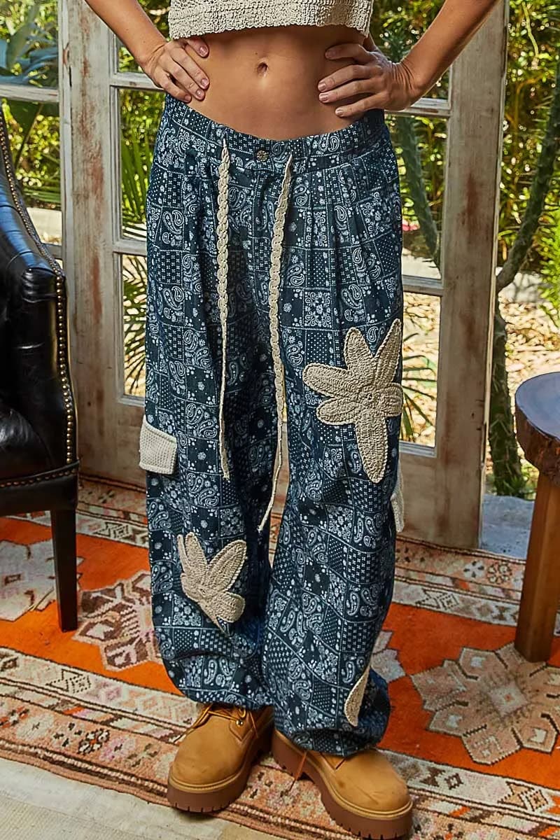 POL Pleat Detail Floral Patchwork Cargo Jogger Pants