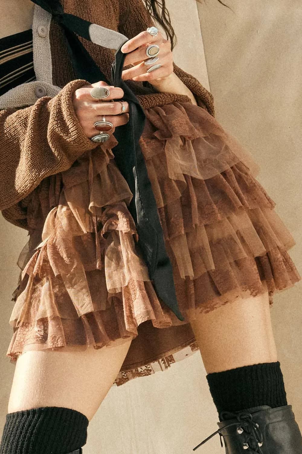 Brown Lace and Tulle Tiered Ruffle Mini Skirt by Promesa