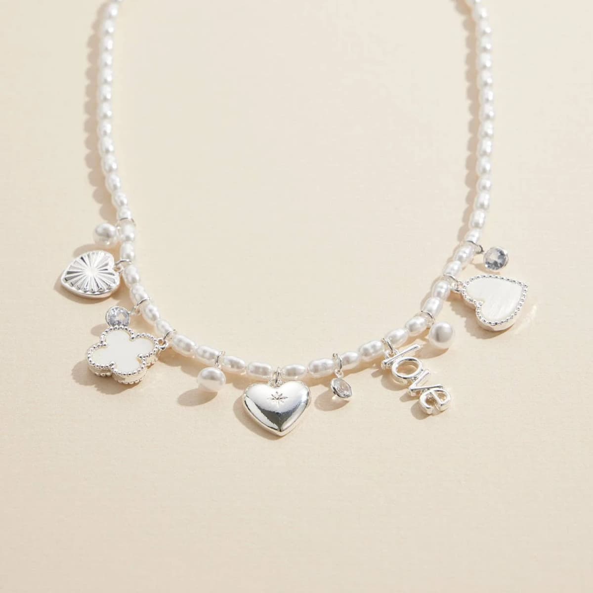 Pearl Charm Necklace with Gold Silver Accents Love Heart Pendant Jewelry (Silver)
