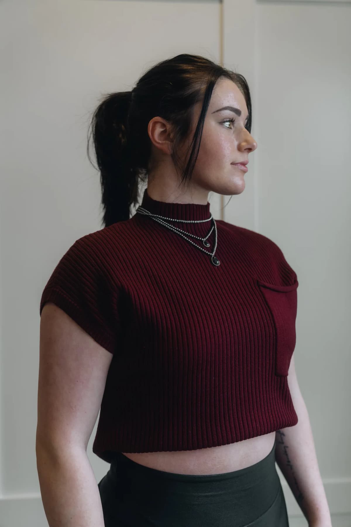 Mineral Red Patch Pocket Ribbed Knit Short Sleeve Sweater