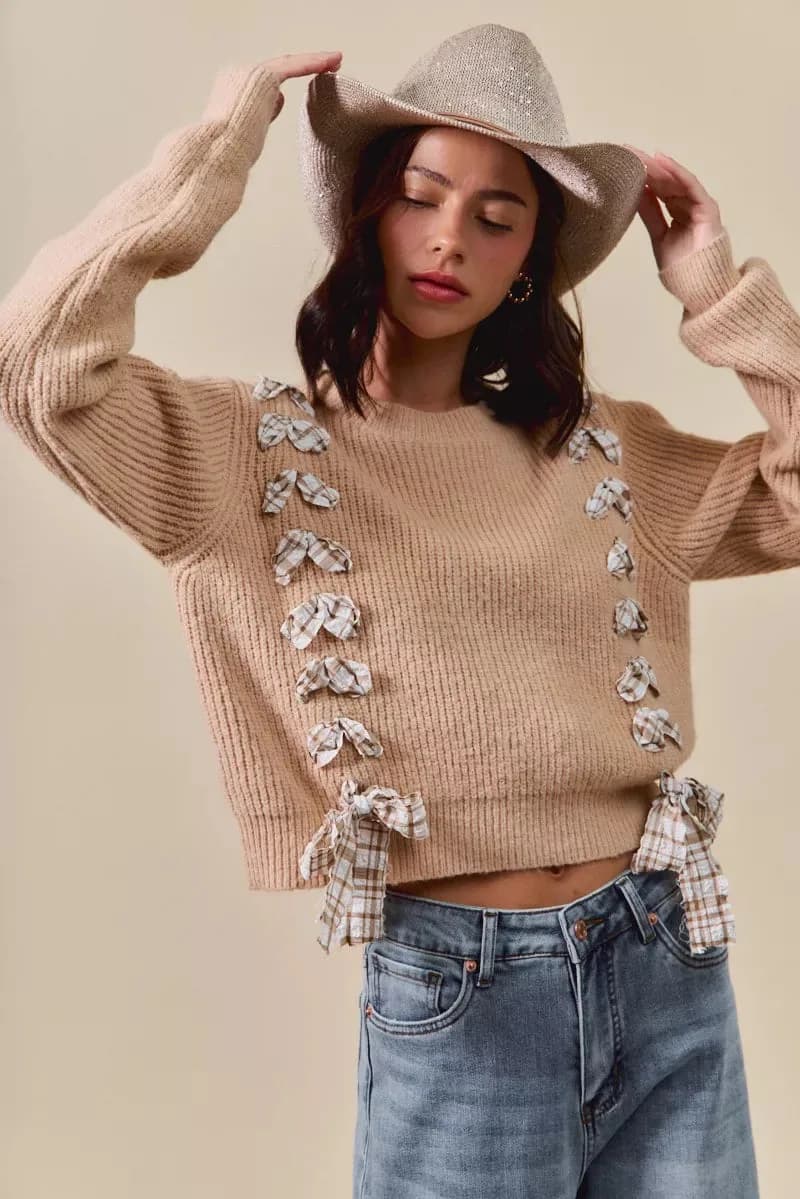 SO ME Checkered Plaid Tape Lace Up Ribbed Sweater