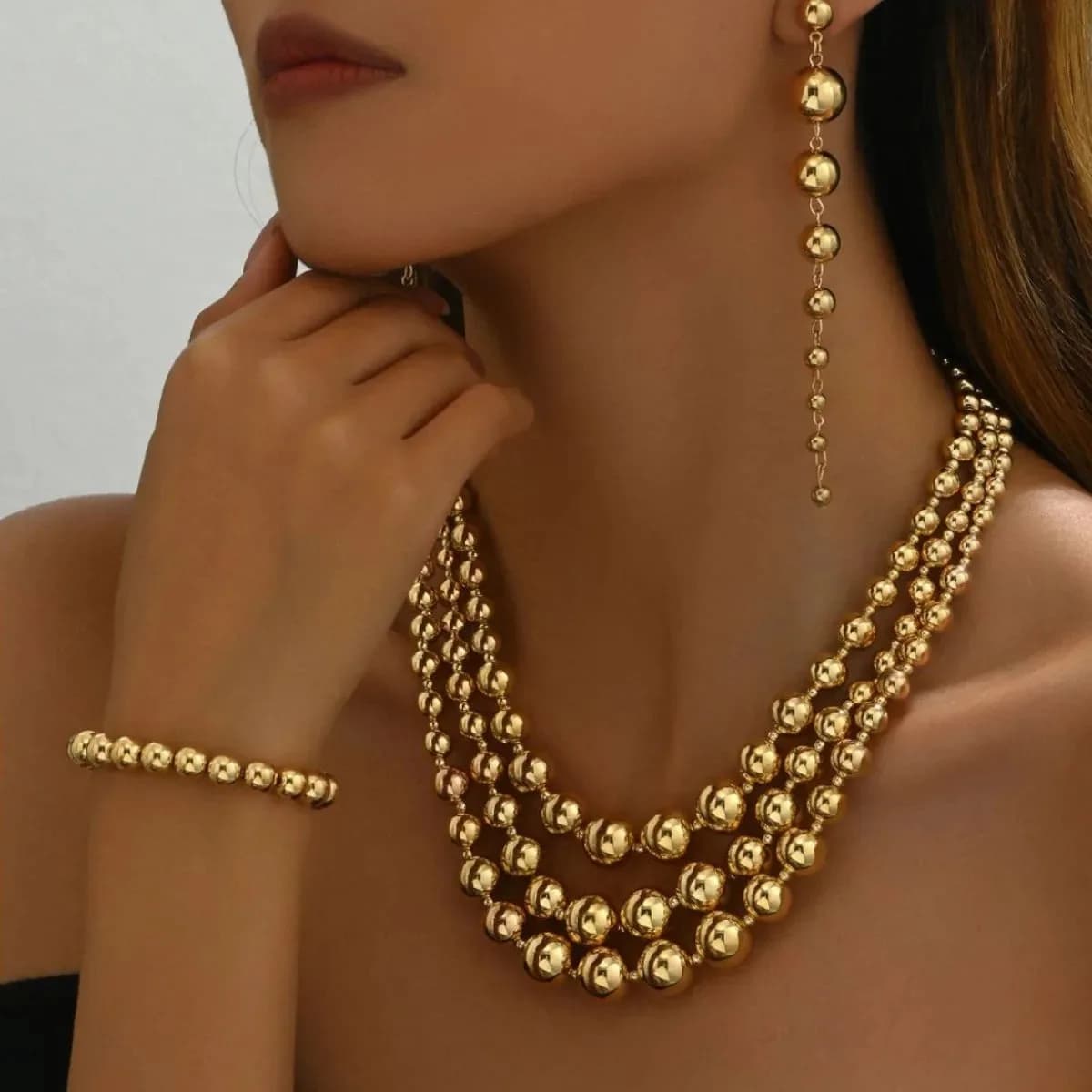 18K Stainless Steel Beaded Multi-Layered Necklace Bracelet Earrings Jewelry Set